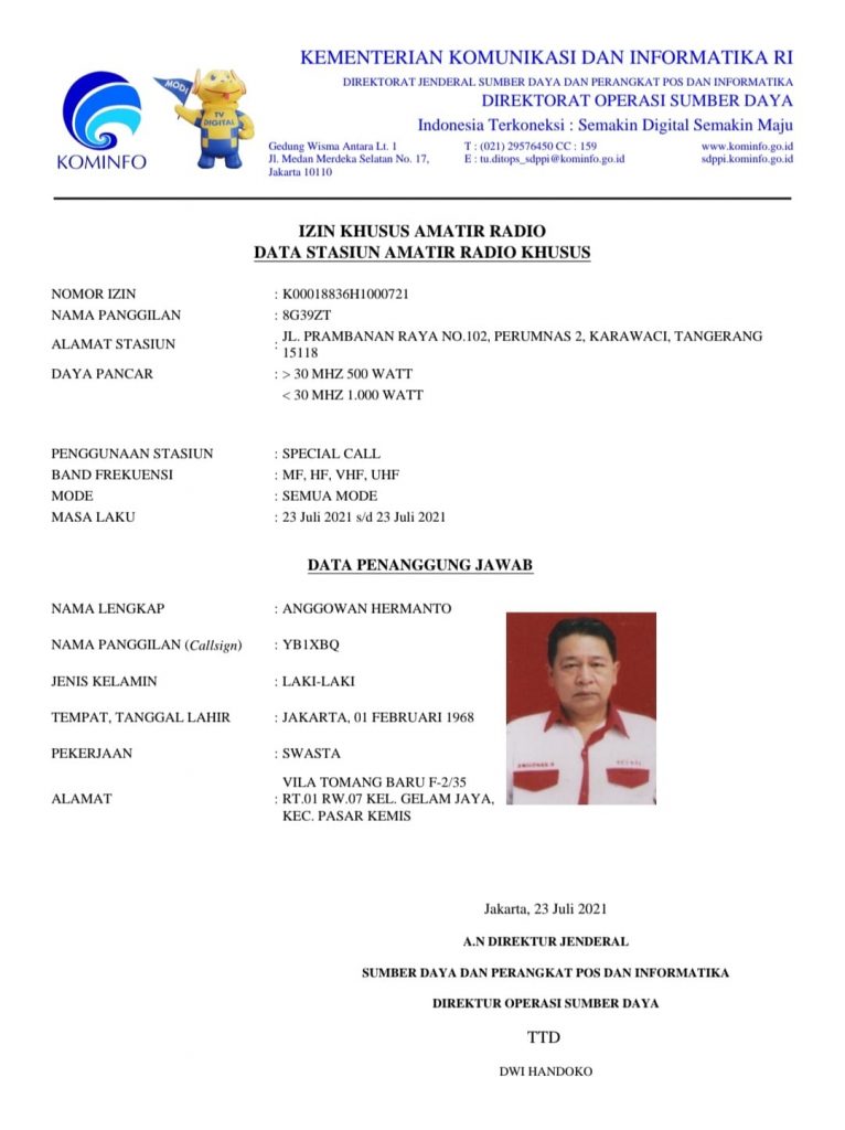 Izin Khusus Amatir Radio Special Call 8G39ZT ORARI Lokal Tangerang