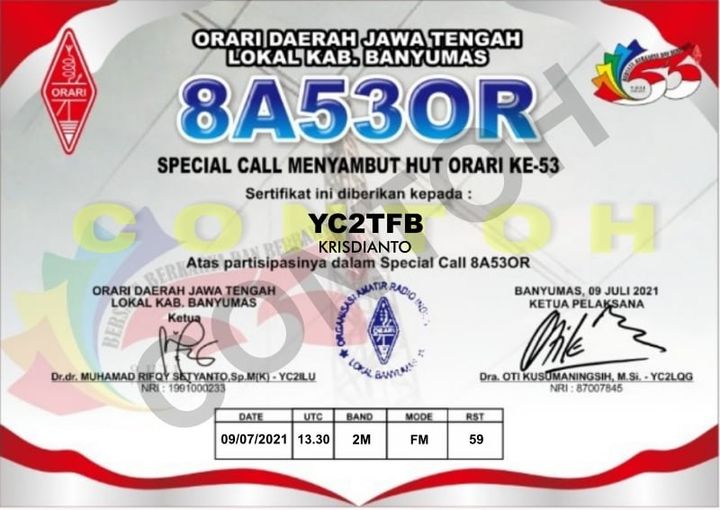 Contoh QSL Card Special Call 8A53OR