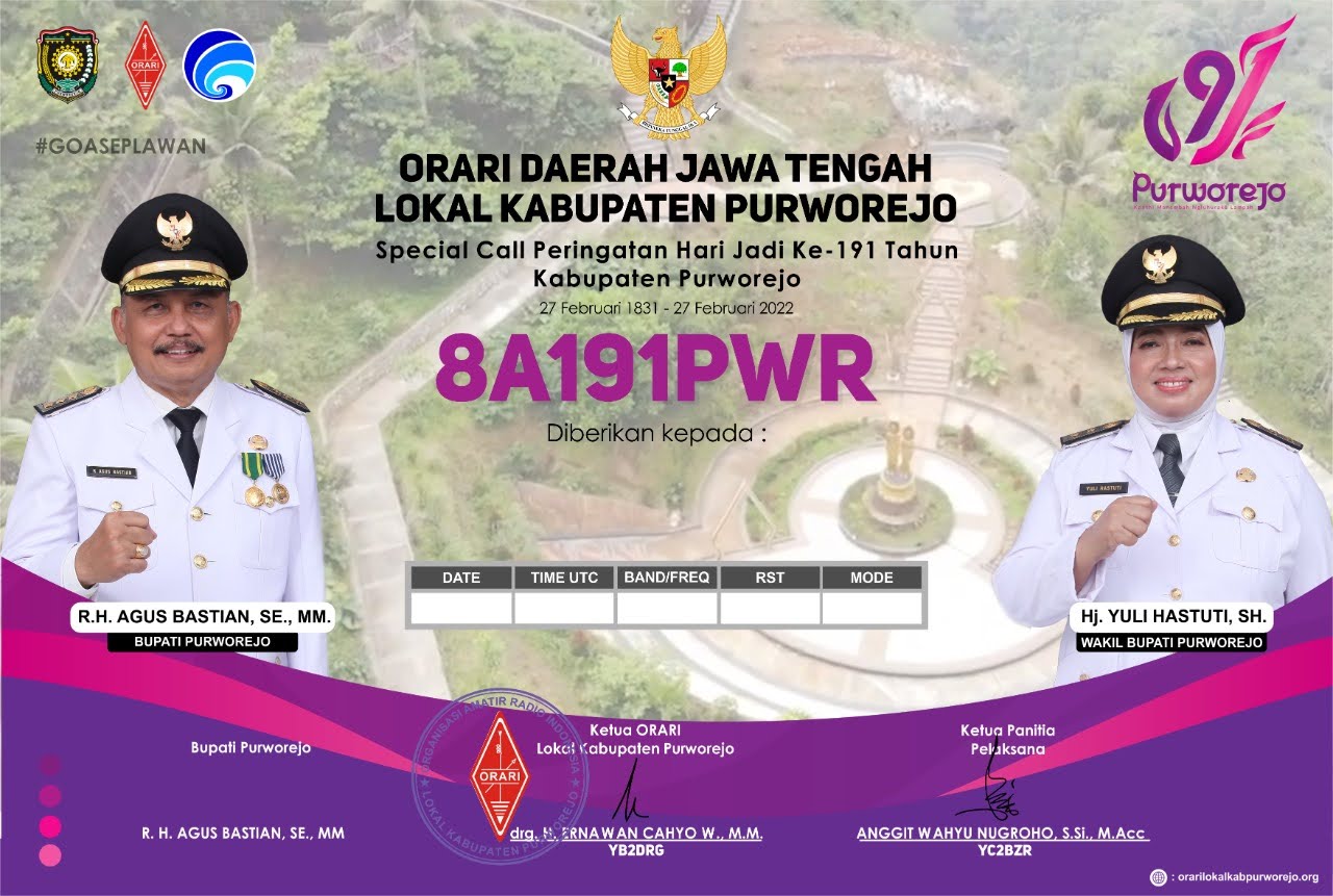 Special Call 8A191PWR Hari Jadi Kabupaten Purworejo ke-191
Sertifikat/Piagam/QSL Card