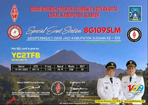 EQSL card / piagam SES 8G109SLM hari Jadi Kabupaten Sleman ke-109, ORARI Lokal Sleman