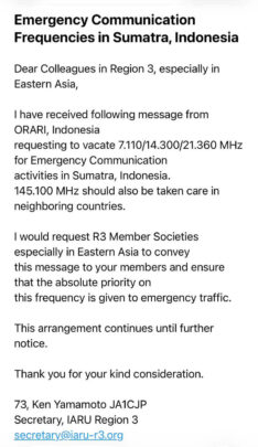Pengumuman IARU R3 dan ORARI Penggunaan Frekuensi Darurat untuk Sumatra (Emergency Communication Frequencies Sumatera)