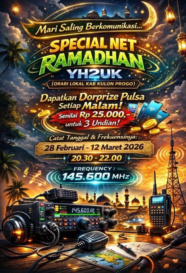 Special Net Ramadhan YH2UK sebagai wadah silaturahmi dan komunikasi aktif radio amatir selama bulan suci Ramadhan. Kegiatan Net Radio Amatir Ramadhan ini berlangsung pada 28 Februari hingga 12 Maret 2026 di frekuensi 145.600 MHz