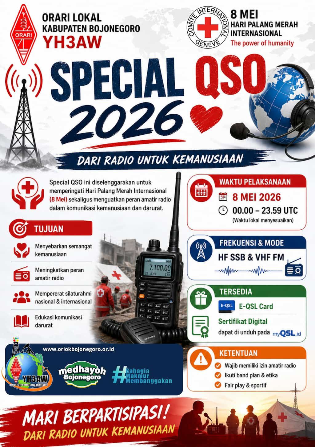 Banner Special QSO 2026 YH3AW ORARI Lokal Bojonegoro dalam rangka Hari Palang Merah Internasional 8 Mei, 2026