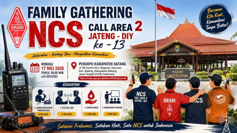 Komunitas Net Control Station (NCS) Call Area 2 Jawa Tengah dan Daerah Istimewa Yogyakarta kembali menggelar ajang silaturahmi tahunan melalui kegiatan Family Gathering NCS Ke-13 yang tahun ini dipusatkan di Kabupaten Batang,