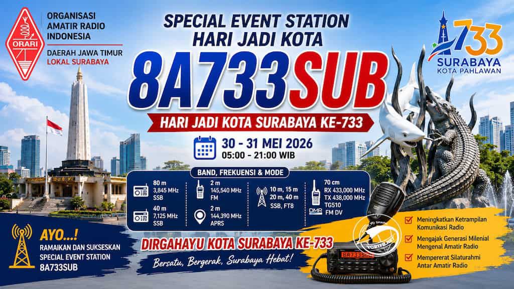 Special Event Station (SES) 8A733SUB dalam rangka peringati Hari Jadi Kota Surabaya ke-733 tahun 2026.