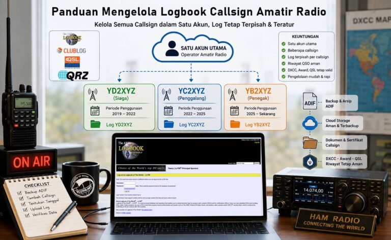 Panduan Lengkap Mengelola Logbook Callsign Amatir Radio. Panduan LoTW, Cara Backup Log ADIF, Mengenal DXCC, Tutorial Club Log, Tutorial eQSL, Tutorial QRZ Logbook.